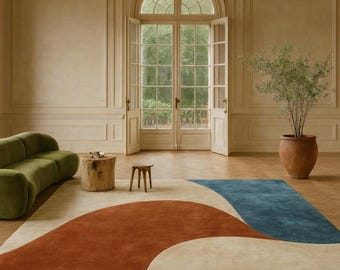 Handmade Wool Rug | Modern Abstract Color Block, Rust Blue Cream