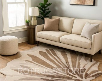 Abstract Viscose Area Rug: Beige Brown Floral Petal Design