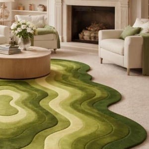 Topographic layered green area rug shown in a spacious classical interior. Wavy organic shape with multiple contour layers in deep and light green tones, resembling terrain elevation. Plush tufted texture, modern artistic floor decor for living rooms or luxury spaces.