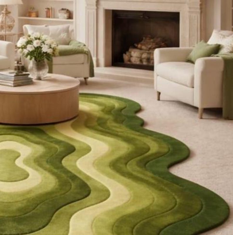 Topographic layered green area rug shown in a spacious classical interior. Wavy organic shape with multiple contour layers in deep and light green tones, resembling terrain elevation. Plush tufted texture, modern artistic floor decor for living rooms or luxury spaces.