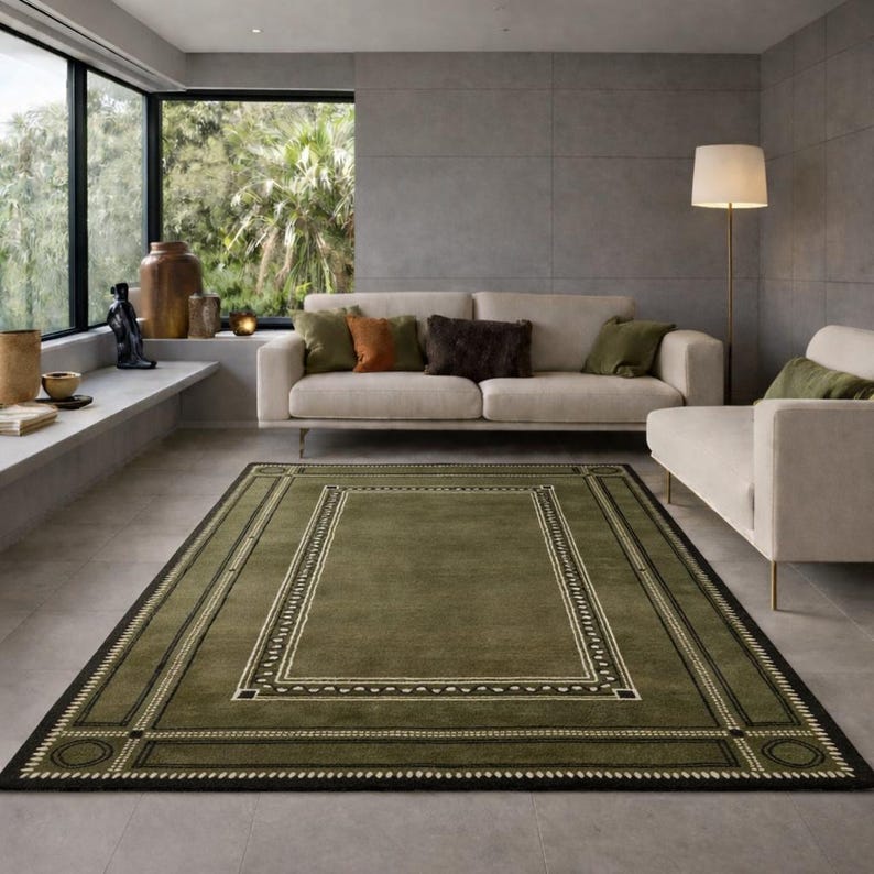 Olive green modern area rug with geometric border design placed in a minimalist living room with beige sofa and natural light
