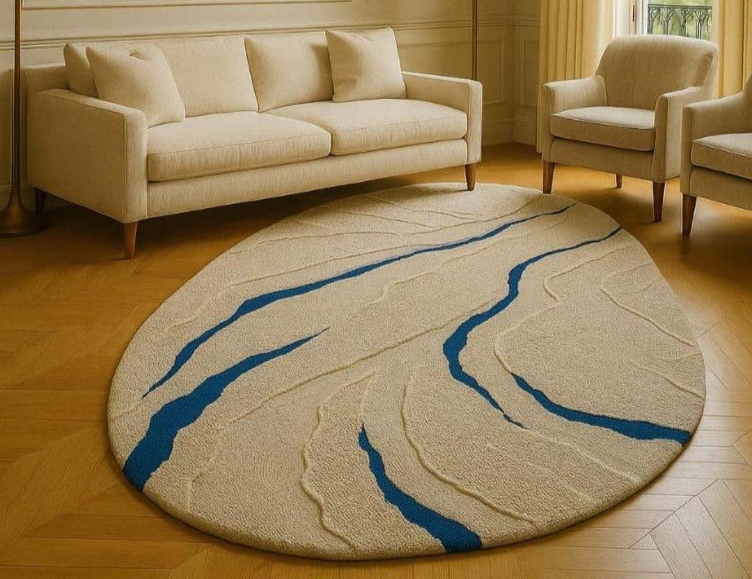 Modern Oval Rug – Beige River Flow Design, Blue Accents - Etsy