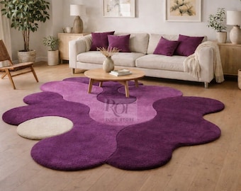 Abstract paars vloerkleed, modern vloerkleed met onregelmatige vorm, handgemaakt wollen tapijt voor woonkamer, eigentijds statement vloerkleed 5 x 8 8 x 10