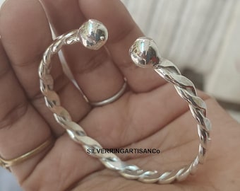 Hammered Solid Silver Balls Bangle - Stackable Boho Style bracelet
