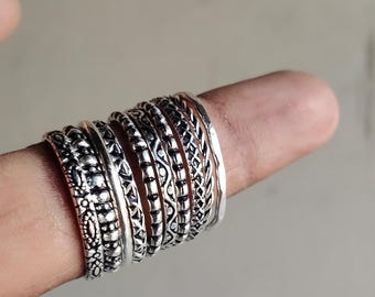 Handmade Silver Stacking Gifts Rings Set - Handmade Thin & Thick Statement Bands