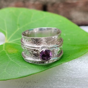 Amethyst Spinner Ring: Handmade Silver Meditation Ring, Boho Statement Jewelry