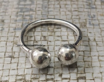 Minimalist Double Ball Solid Silver Ring: Adjustable Open Band