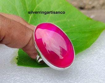 Pink Agate Teardrop Ring: Handmade Oval Silver Statement Jewelry