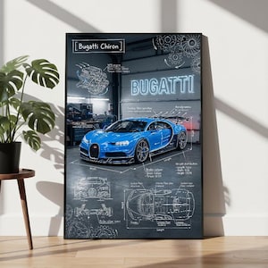 Plakat z planem Bugatti Chiron, grafika ścienna z supersamochodem (do pobrania w wersji cyfrowej)
