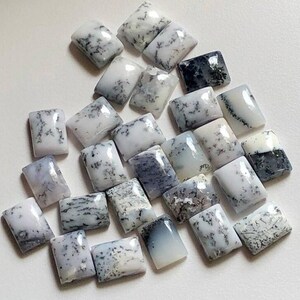 May include: A collection of rectangular white gemstones with black and grey dendritic patterns. The stones are polished and have a smooth, glossy surface. The gemstones are scattered across a light-coloured surface.