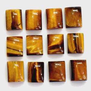 May include: Twelve rectangular tiger's eye gemstones. The polished stones display a mix of golden brown and dark brown hues, with natural patterns and a glossy finish. The gemstones are arranged in a grid pattern against a white background.