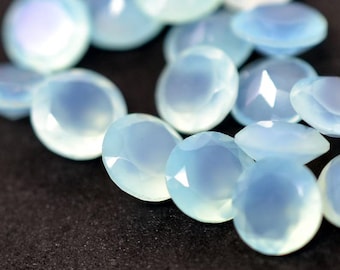 AAA Aqua Chalcedony Round Faceted Cut Flat Back Calibrated Gemstone 6,7,8,9,10MM