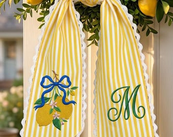Personalized Monogram Door Bow, Yellow Striped Lemon Wreath Sash, Farmhouse Summer Decor for Mom