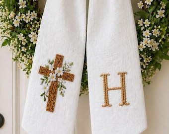 Embroidered Cross Wreath Sash, Personalized Floral Initial Ribbon, Church Door Decor