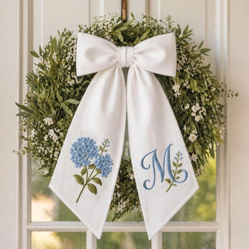 Embroidered Hydrangea Wreath Sash, Spring Toile Front Door Bow, Personalized Initials Bow Home Decor, Embroidered Sash, Housewarming Bow