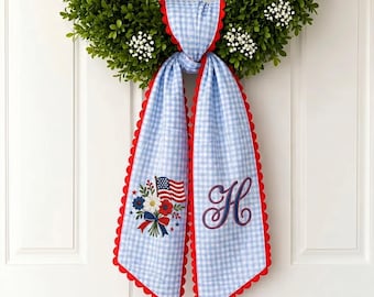 Personalized Monogram Patriotic Wreath Sash, Embroidered USA Flag Floral Decor
