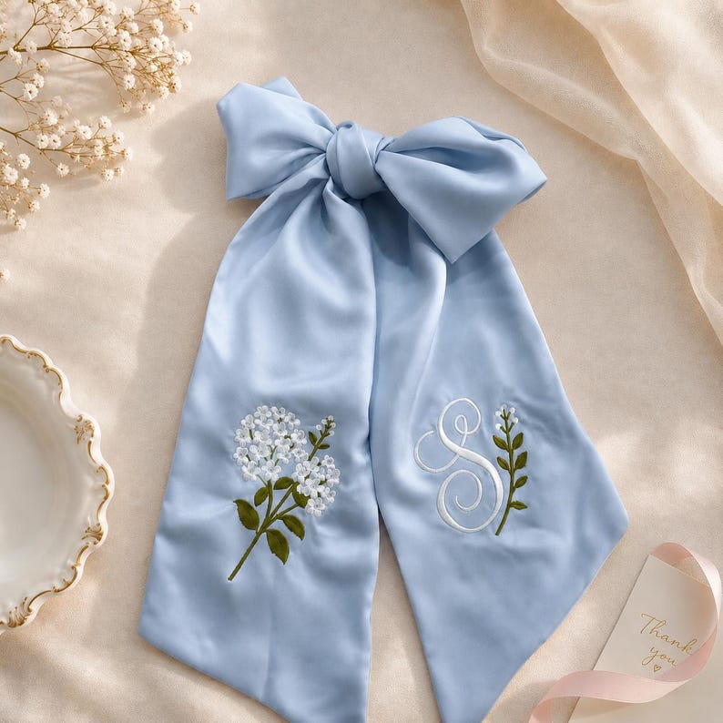 Embroidered Hydrangea Wreath Sash, Spring Toile Monogram Door Bow, Personalized Home Decor