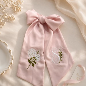 Embroidered Hydrangea Wreath Sash, Spring Toile Monogram Door Bow, Personalized Home Decor