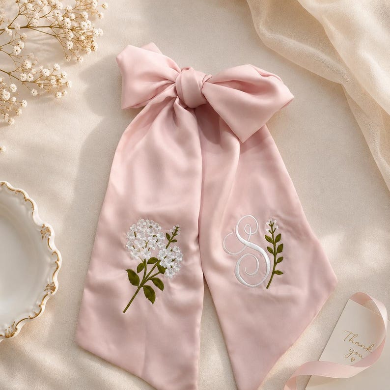 Embroidered Hydrangea Wreath Sash, Spring Toile Monogram Door Bow, Personalized Home Decor