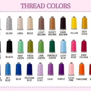 May include: A color chart displaying thirty spools of embroidery thread arranged in three rows. Each spool is labeled with its corresponding color name, including white, silver, linen, beige, light brown, russet brown, dark brown, yellow, deep gold, orange, dark gray, black, mint green, fresh green, lime green, emerald green, light blue, deep rose, dark fuchsia, cream yellow, cornflower, sky blue, blue, prussian blue, light lilac, lilac, purple, flesh pink, tangerine, and red.