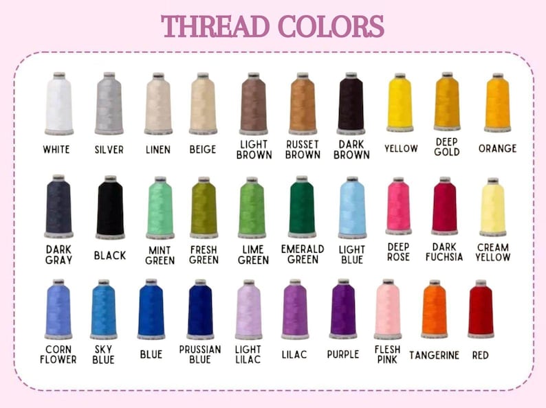 May include: A color chart displaying thirty spools of embroidery thread arranged in three rows. Each spool is labeled with its corresponding color name, including white, silver, linen, beige, light brown, russet brown, dark brown, yellow, deep gold, orange, dark gray, black, mint green, fresh green, lime green, emerald green, light blue, deep rose, dark fuchsia, cream yellow, cornflower, sky blue, blue, prussian blue, light lilac, lilac, purple, flesh pink, tangerine, and red.