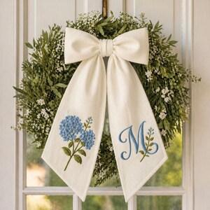 Embroidered Hydrangea Wreath Sash, Spring Toile Front Door Bow, Personalized Initials Bow Home Decor, Embroidered Sash, Housewarming Bow