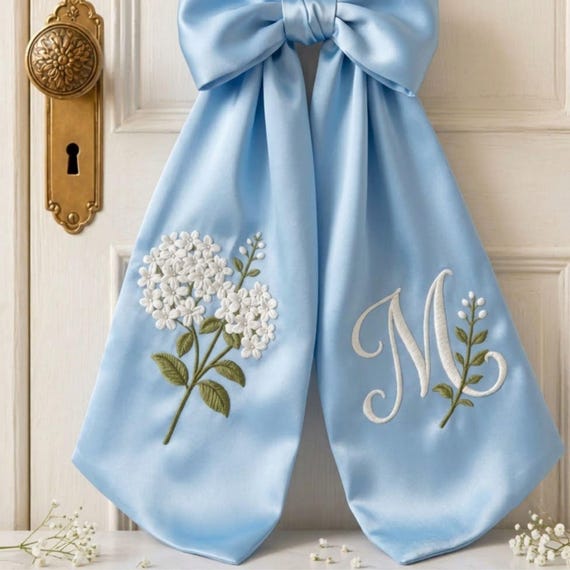 Embroidered Hydrangea Wreath Sash, Spring Toile Front Door Bow, Personalized Initials Bow Home Decor, Embroidered Sash, Housewarming Bow