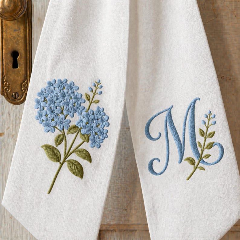 Embroidered Hydrangea Wreath Sash, Spring Toile Front Door Bow, Personalized Initials Bow Home Decor, Embroidered Sash, Housewarming Bow