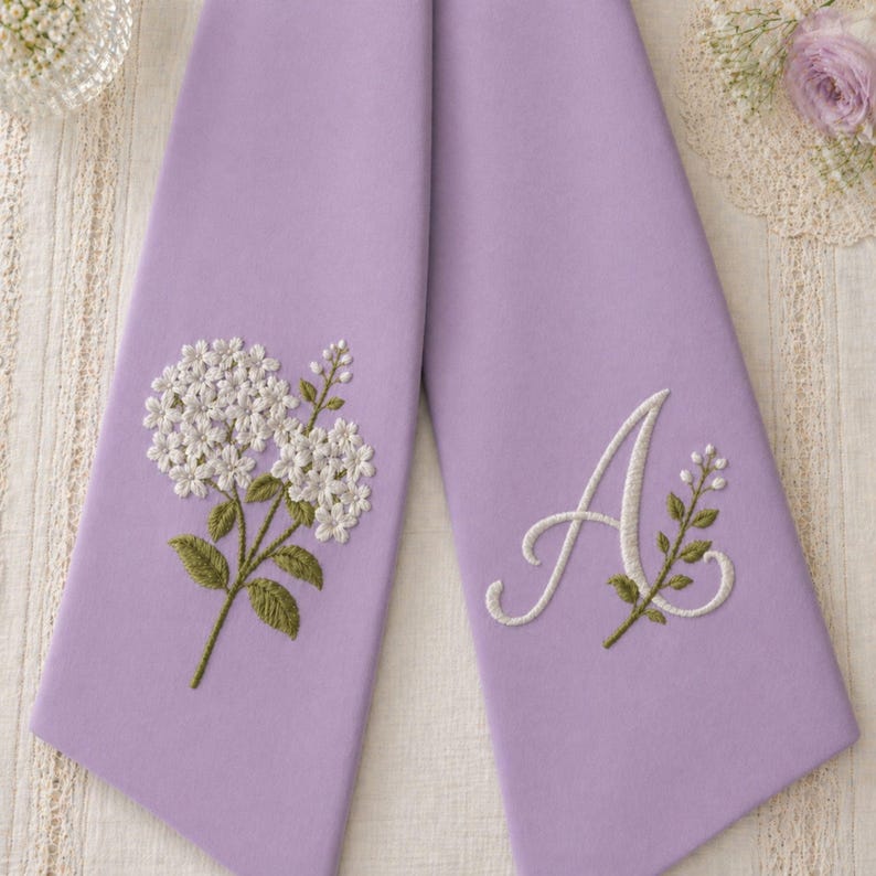 Embroidered Hydrangea Wreath Sash, Spring Toile Front Door Bow, Personalized Initials Bow Home Decor, Embroidered Sash, Housewarming Bow