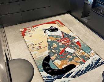 Japanese Cat Art Rug: Vintage Ukiyo-e Kimono Tuxedo Cat Floor Mat