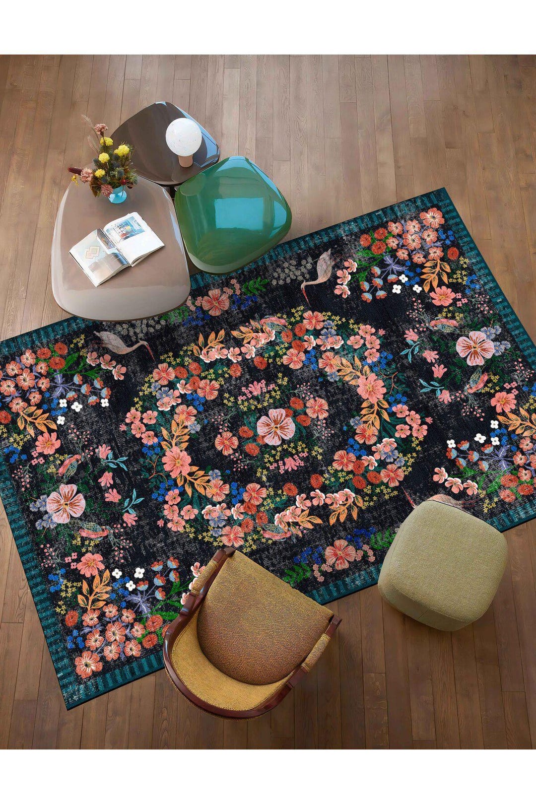 Floral Woven Rug: Vintage Botanical Bird Pattern, Boho Carpet - Etsy