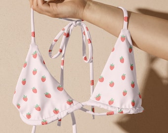 Strawberry Print Triangle Bikini Top: Adjustable Halter Neck Summer Beachwear