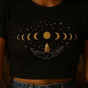 Moon Phases Crop Top – Witchy Lotus Flower Shirt – Spiritual Aesthetic Tee for Women – Celestial Moonchild Meditation T-shirt