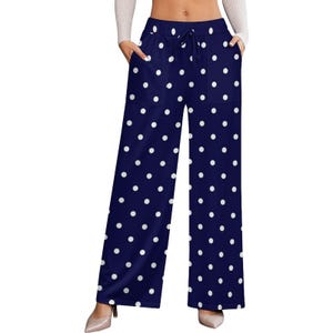 Pantaloni a pois da donna, pantaloni da casa a gamba larga con tasche, pantaloni palazzo, stampa a pois neri o blu navy, pantaloni estivi casual immagine 13