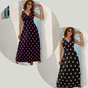 Abito lungo a pois da donna, abito estivo senza maniche, abito da spiaggia a pois rosa, outfit casual per le vacanze, abito lungo e svolazzante