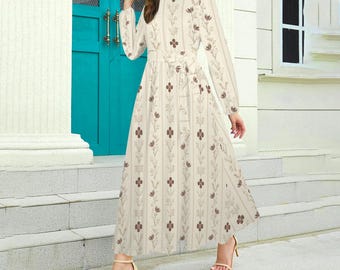 Crème maxi-jurk met bloemen | Cottagecore boho-stijl met lange mouwen en riem