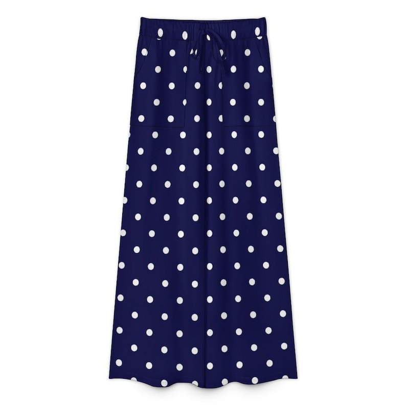 Pantaloni a pois da donna, pantaloni da casa a gamba larga con tasche, pantaloni palazzo, stampa a pois neri o blu navy, pantaloni estivi casual immagine 10