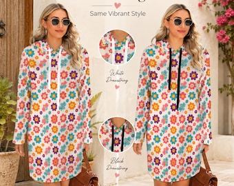 Floral Hoodie Dress for Women, Colorful Flower Print Hooded Sweatshirt Dress, Casual Long Sleeve Pocket Dress, Cozy Spring Outfit