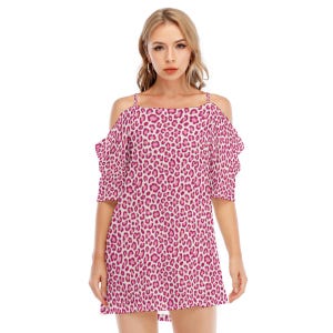 Pink leopard print mini dress, off shoulder summer dress for women, bold animal print A-line fit with spaghetti straps, festival outfit