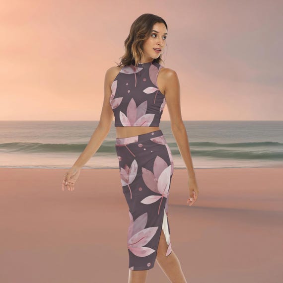 Pink Floral Co Ord Set for Women, Cute Sleeveless Crop Top and