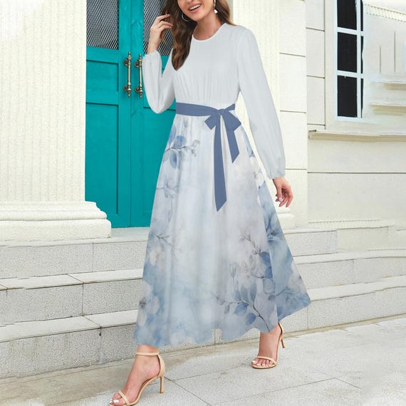Blue Floral Maxi Dress - Watercolor Print, Long Sleeve Belted Outfit