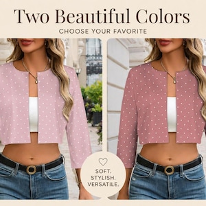 Lightweight Pink Polka Dot Cropped Jacket: Feminine 3/4 Sleeve Bolero for Everyday Style