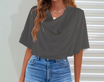 Charcoal Gray Drape Neck Blouse, Short Sleeve Flowy Top, Soft Stretch Shirt
