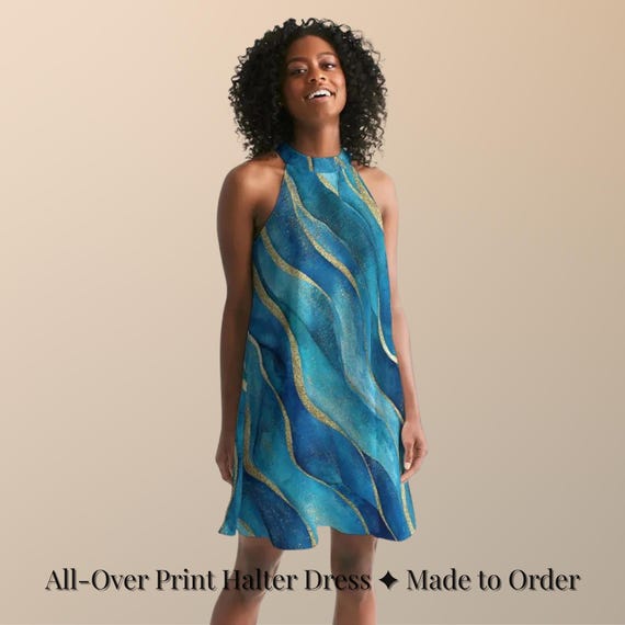 Blue Wave Halter Dress  Flowing Chiffon Summer Style  Pearl Back Closure  - Etsy