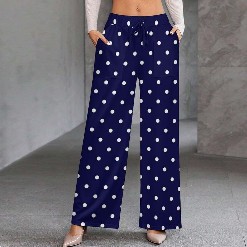 Pantaloni a pois da donna, pantaloni da casa a gamba larga con tasche, pantaloni palazzo, stampa a pois neri o blu navy, pantaloni estivi casual Navy Polka Dot