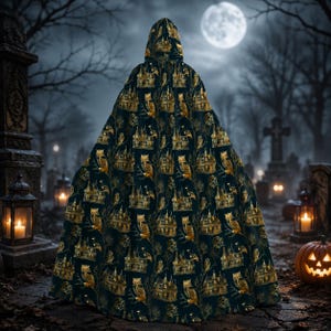 May include: A hooded cloak featuring a dark green base fabric with a repeating gold-toned pattern of owls perched on branches and detailed haunted house structures. The garment is floor-length and displays a consistent print across the entire surface.