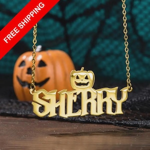 Custom Halloween Name Necklace – Gothic Bat, Witch, Pumpkin or Ghost Font – Sterling Silver or Stainless Steel – Personalized Gift