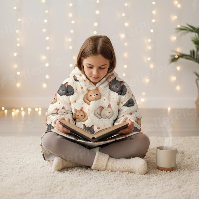 A child sits cross-legged on a light carpet, wearing a cozy hoodie with cat designs. Holding an open book, they're surrounded by warm fairy lights and a steaming mug.