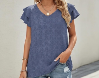 Blue V-Neck Blouse, Ruffle Sleeve Casual Top, Soft Textured Everyday Shirt