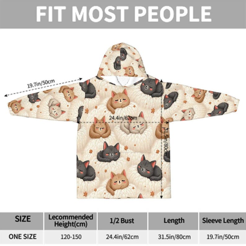 Hooded blanket with cute sleeping cat pattern. Neutral beige and gray tones. Dimensions shown; designed to fit most people. Cozy and playful theme.